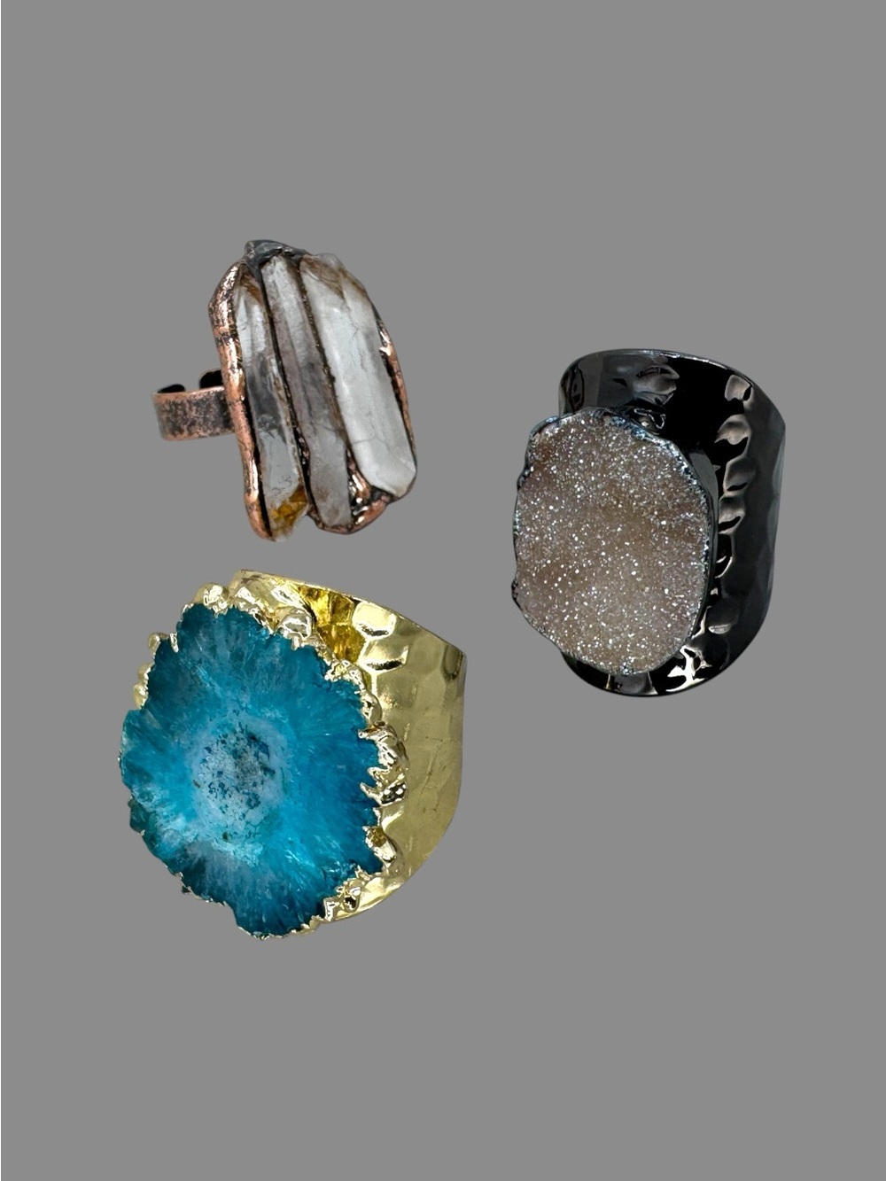 3-Piece Adjustable Natural Stone Statement Ring Bundle – Druzy Crystal Boho Ring